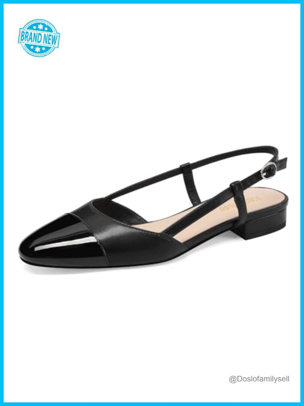 Slingback Flats Two Toned Double Strap Block Low Heel Cap Toe Dressy